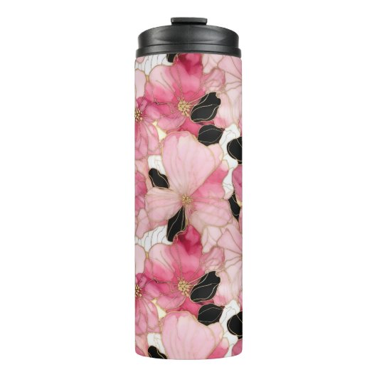 Artistic Pink Blooms Black Ink Abstract Thermosbecher (Vorderseite)