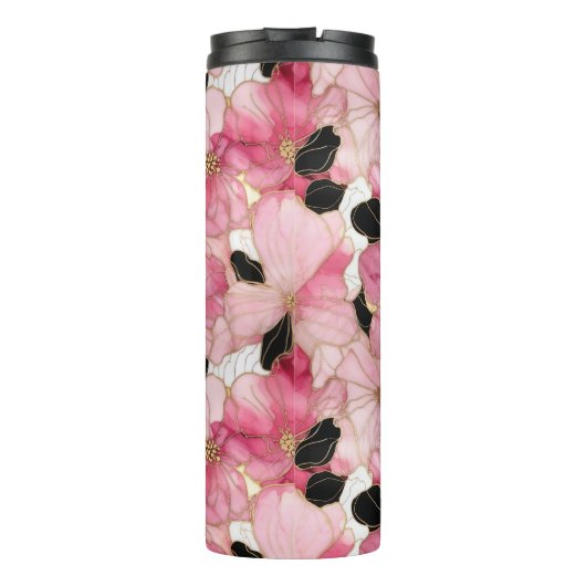Artistic Pink Blooms Black Ink Abstract Thermosbecher (Rückseite)