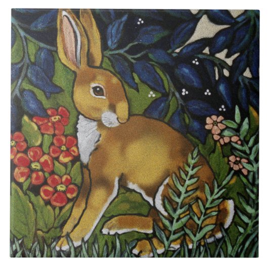 Artistic Rabbit Hare Forest William Morris Style Fliese (Vorderseite)