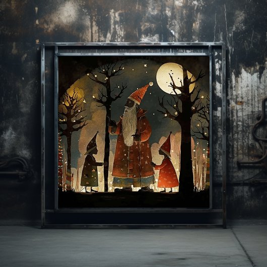 Artistic Red & Green Woodland Black Santa Poster