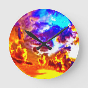 Artistic Sky Blue, Orange und Gelb Runde Wanduhr