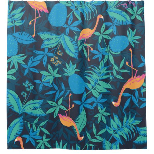 Artistic Tropical: Flamingo Ananas Muster. Duschvorhang (Vorderseite)
