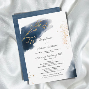 Artistic Watercolor Ink Navy Blue Gold Wedding Einladung