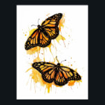 Artistic Watercolor Monarch Butterfly Nature Art Poster<br><div class="desc">The design features two vibrant monarch butterflies in mid-flight, rendered with artistic paint splatters in warm shades of orange and yellow. This nature-inspired graphic captures the delicate elegance of spring wildlife. It makes a wonderful gift for gardeners, entomology enthusiasts, nature lovers, or anyone who appreciates the symbolism of freedom and...</div>