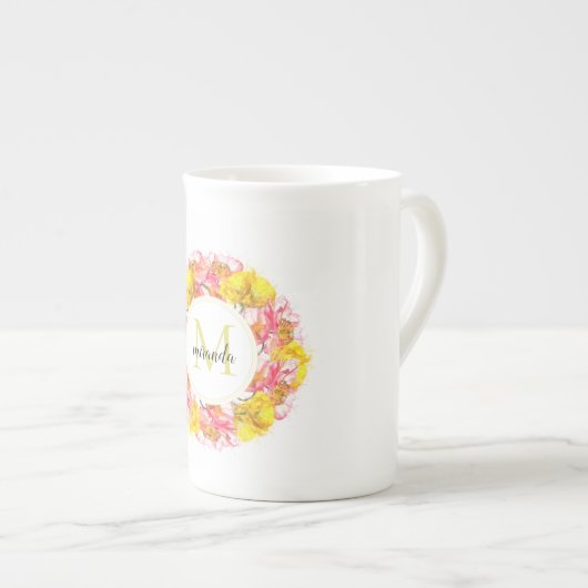 Artistic Watercolor Poppy Wreath Monogram Porzellantasse (Vorderseite Rechts)