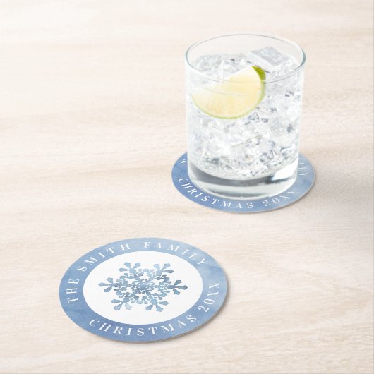 Artistic Watercolor Snowflake Blauer Weihnachten Runder Pappuntersetzer (Vor Ort)