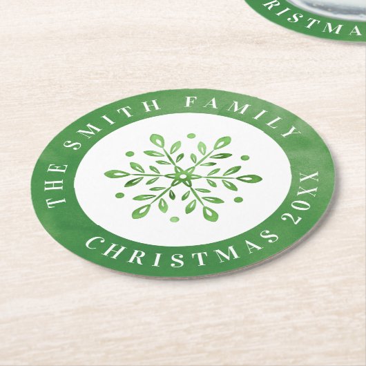 Artistic Watercolor Snowflake Grüne Weihnachten Runder Pappuntersetzer (Angewinkelt)
