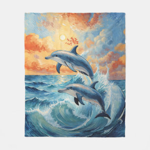 Artistische Zwei-Springer-Delphine Sonnenuntergang Fleecedecke