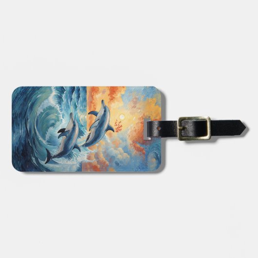 Artistische Zwei-Springer-Delphine Sonnenuntergang Gepäckanhänger (Vorderseite horizontal)
