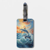 Artistische Zwei-Springer-Delphine Sonnenuntergang Gepäckanhänger (Rückseite vertikal)