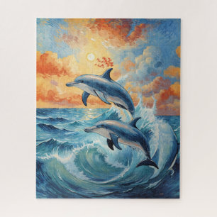 Artistische Zwei-Springer-Delphine Sonnenuntergang Puzzle