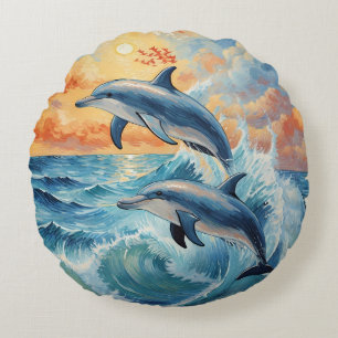Artistische Zwei-Springer-Delphine Sonnenuntergang Rundes Kissen