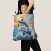 Artistische Zwei-Springer-Delphine Sonnenuntergang Tasche (Von Nahem)
