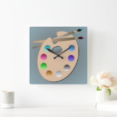 Artist's Palette and Paintbrush Wall Clock Quadratische Wanduhr (Zuhause)