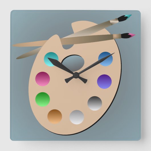 Artist's Palette and Paintbrush Wall Clock Quadratische Wanduhr (Vorderseite)