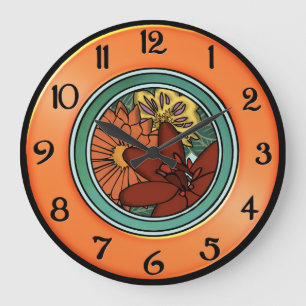 Arts and Crafts Flower Plate in Orange and Green Große Wanduhr