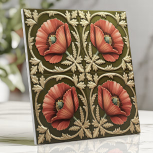 Arts and Crafts Roter Mohn und Olivgrün Fliese