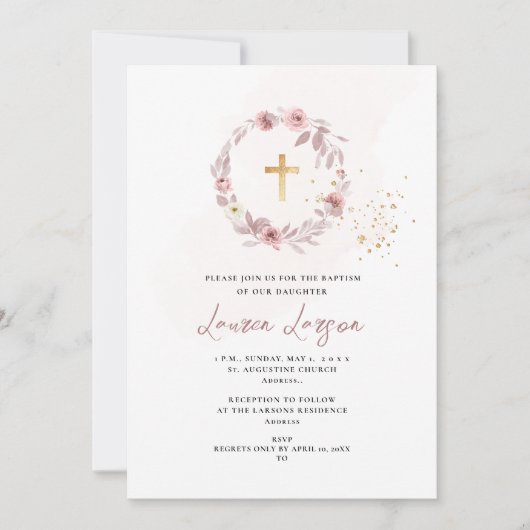 ArtsApp Elegant H2 Dusty Rose Rose Taufe Einladung (Vorderseite)