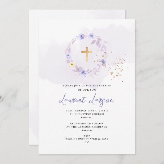 ArtsApp Elegant H2 Lila Rose Taufe Einladung (Vorne/Hinten)