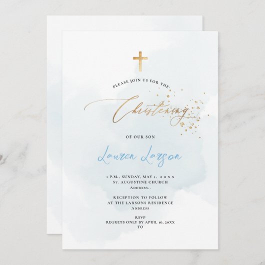 ArtsApp Elegant H2 Washed Pale Blue Christening Einladung (Vorne/Hinten)