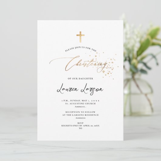 ArtsApp Elegante Imitate Gold Calligraphy Christen Einladung (Stehend Vorderseite)