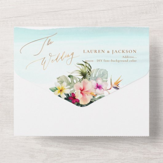 ArtsApp Elegantes tropisches Paradies Imitate Gold All In One Einladung (Rückseite)