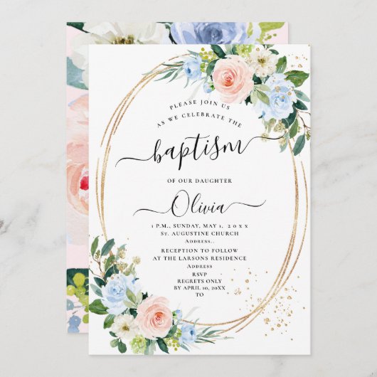 ArtsApp H2 Blush Pink Blue Rose Taufe Einladung (Vorne/Hinten)