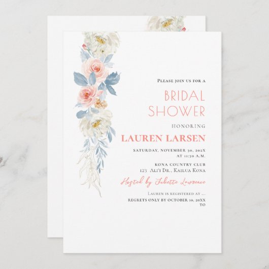 ArtsApp H2 Blush Roses Dusty Blue Foliage Einladung (Vorne/Hinten)