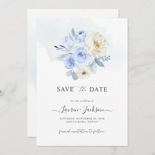 ArtsApp H2 Dusty Blue Rose Save the Date Karte (Vorne/Hinten)