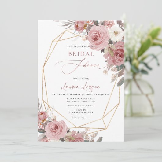 ArtsApp H2 Dusty Pink Roses Brautparty Einladung (Stehend Vorderseite)