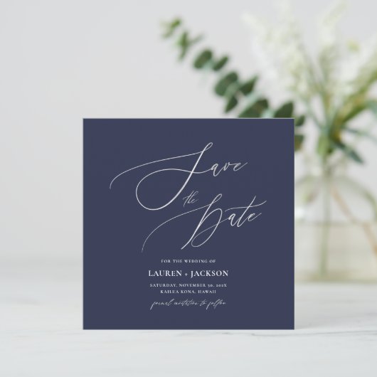 ArtsApp-Imitate Silver Calligraphy Navy Blue Save The Date (Stehend Vorderseite)