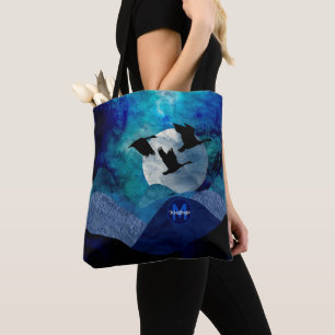 Artsy Blaue Nachtberge Fliegende Gänse Monogramm Tasche