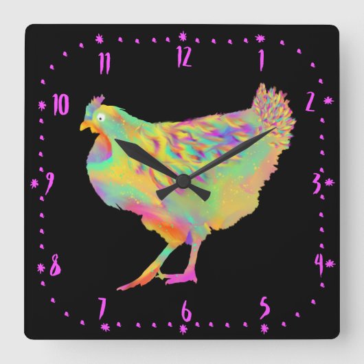 Artsy Colourful Dancing Chicken Funny Farm Hen Art Quadratische Wanduhr (Vorderseite)