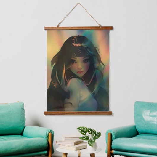 Artwork von Anime Girl umgeben von Rainbow Light Wandteppich Mit Holzrahmen (Wohnzimmer)