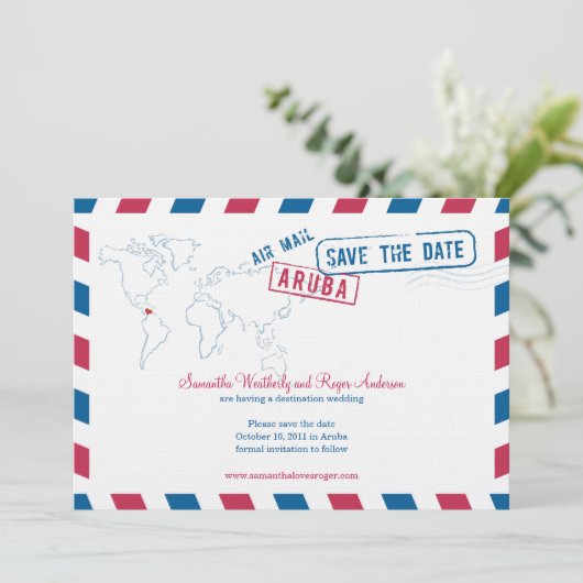 Aruba Air Mail Wedding Save the Date (Stehend Vorderseite)