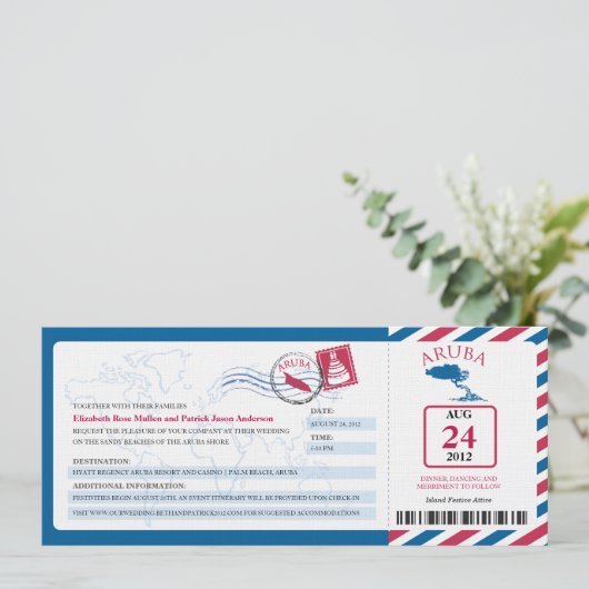 Aruba Airmail Boarding Pass iWedding Einladung (Stehend Vorderseite)