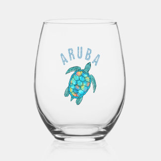 Aruba Beach Sea Schildkröte Illustration Weinglas Ohne Stiel