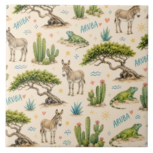 Aruba Divi-Baum, Esel, Leguan, Kaktus Fliese (Vorderseite)