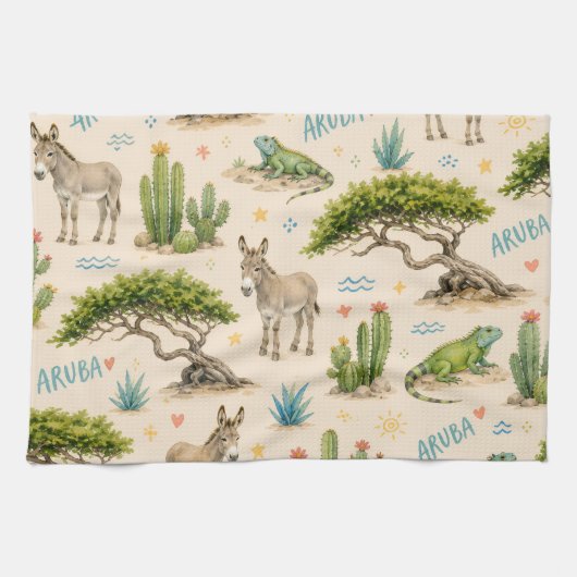 Aruba Divi-Baum, Esel, Leguan, Kaktus Geschirrtuch (Horizontal)