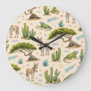 Aruba Divi-Baum, Esel, Leguan, Kaktus Große Wanduhr