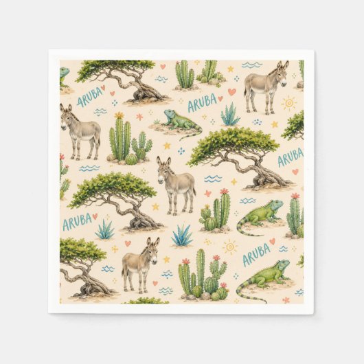 Aruba Divi-Baum, Esel, Leguan, Kaktus Serviette (Vorderseite)