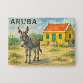 Aruba Donkey with Yellow Cunucu house watercolor Button