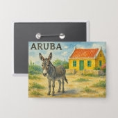 Aruba Esel mit gelbem Cunucu-Haus Aquarell Button (Vorderseite/Rückseite)