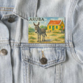 Aruba Esel mit gelbem Cunucu-Haus Aquarell Button (Insitu)