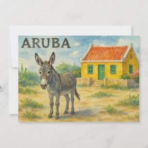Aruba Esel mit gelbem Cunucu-Haus Aquarell Dankeskarte