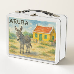Aruba-Esel mit gelbem Cunucu-Haus Aquarell Metall Brotdose