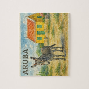Aruba Esel mit gelbem Cunucu-Haus Aquarell Puzzle
