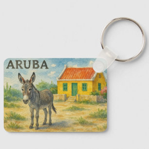 Aruba-Esel mit gelbem Cunucu-Haus Aquarell Schlüsselanhänger