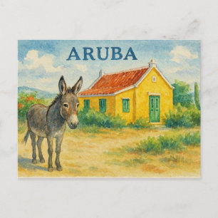 Aruba Esel und Cunucu-Haus Aquarell Feiertagspostkarte