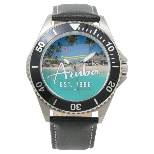 "Aruba Est. 1986" Strand mit Flagge Armbanduhr (Vorderseite)